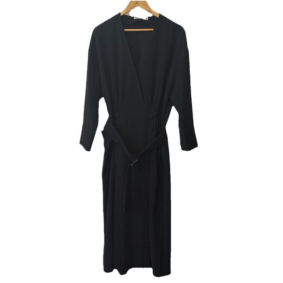 ZARA Black Belted Double Breasted Wrap Midi Dress Long Sleeve XL - Picture 1 of 12